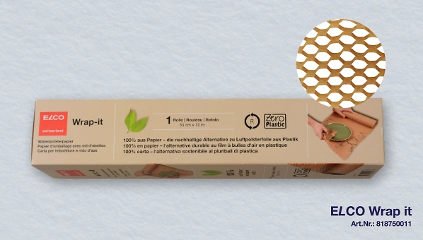 ELCO Wabenpolsterpapier Wrap-it aus 100% Papier, die nachhaltige Alternative zu Luftpolsterfolie aus Plastik. Dank der Wabenstruktur des Papiers, welche sich beim auseinanderziehen zeigt, sind die darin eingewickelten Produkte perfekt gesch&uuml;tzt.