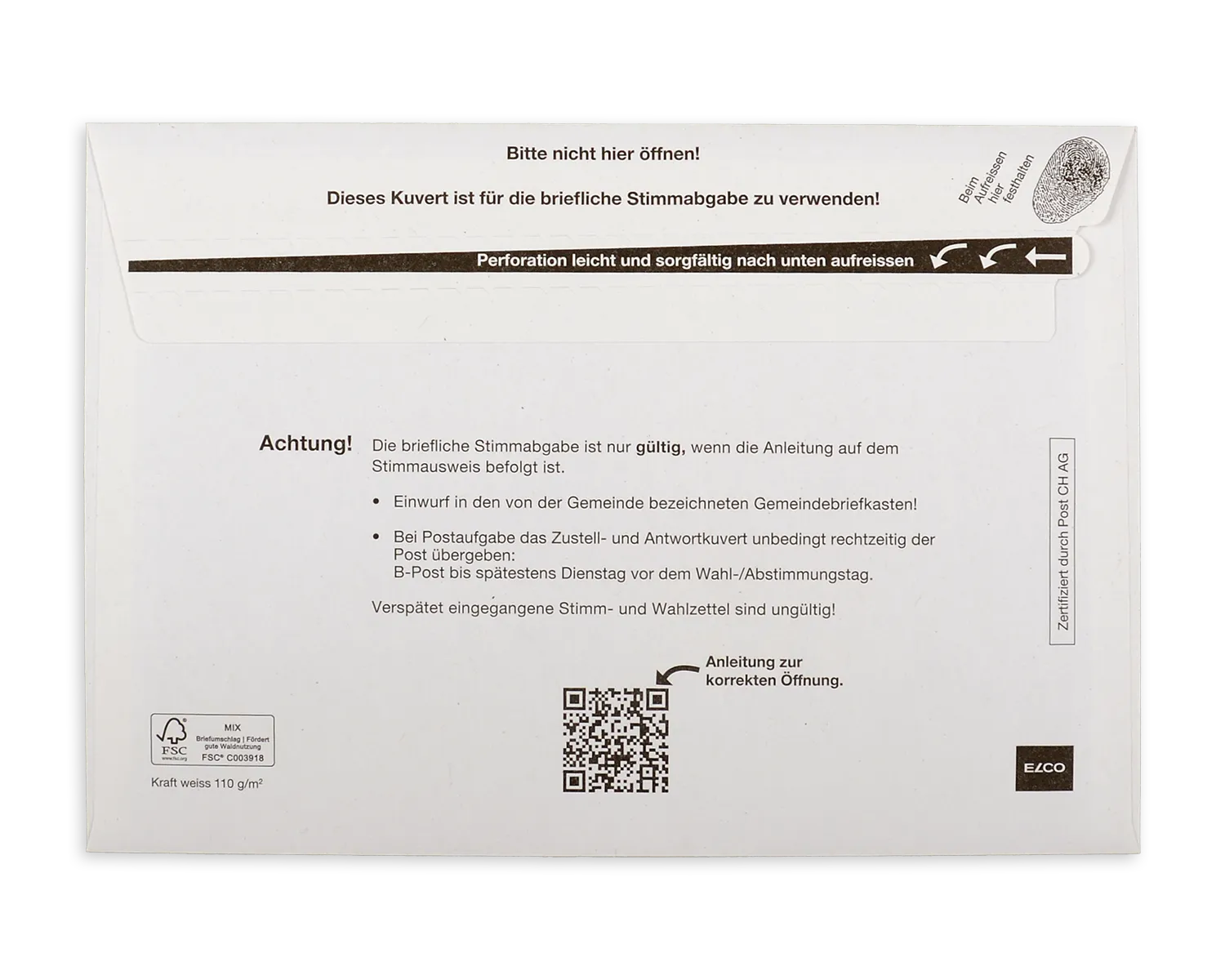 Stimmcouvert, ELCO, 245 x 170 mm, Fenster Vorderseite links, Haftklebeverschluss+Gummiert, 110g/m2, weiss