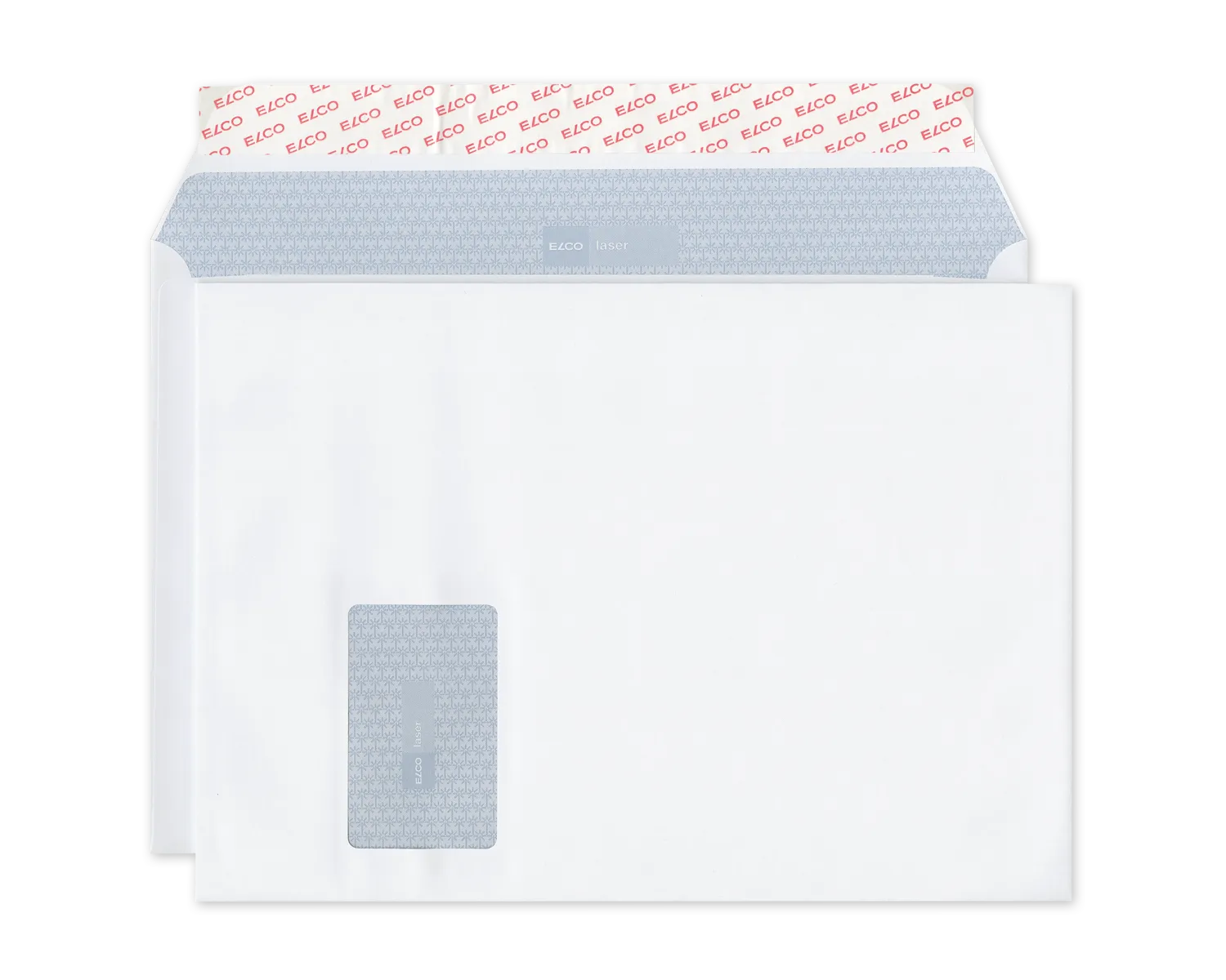 Couvert, ELCO Laser, C4, Fenster Vorderseite links, Haftklebeverschluss, 100g/m2, weiss