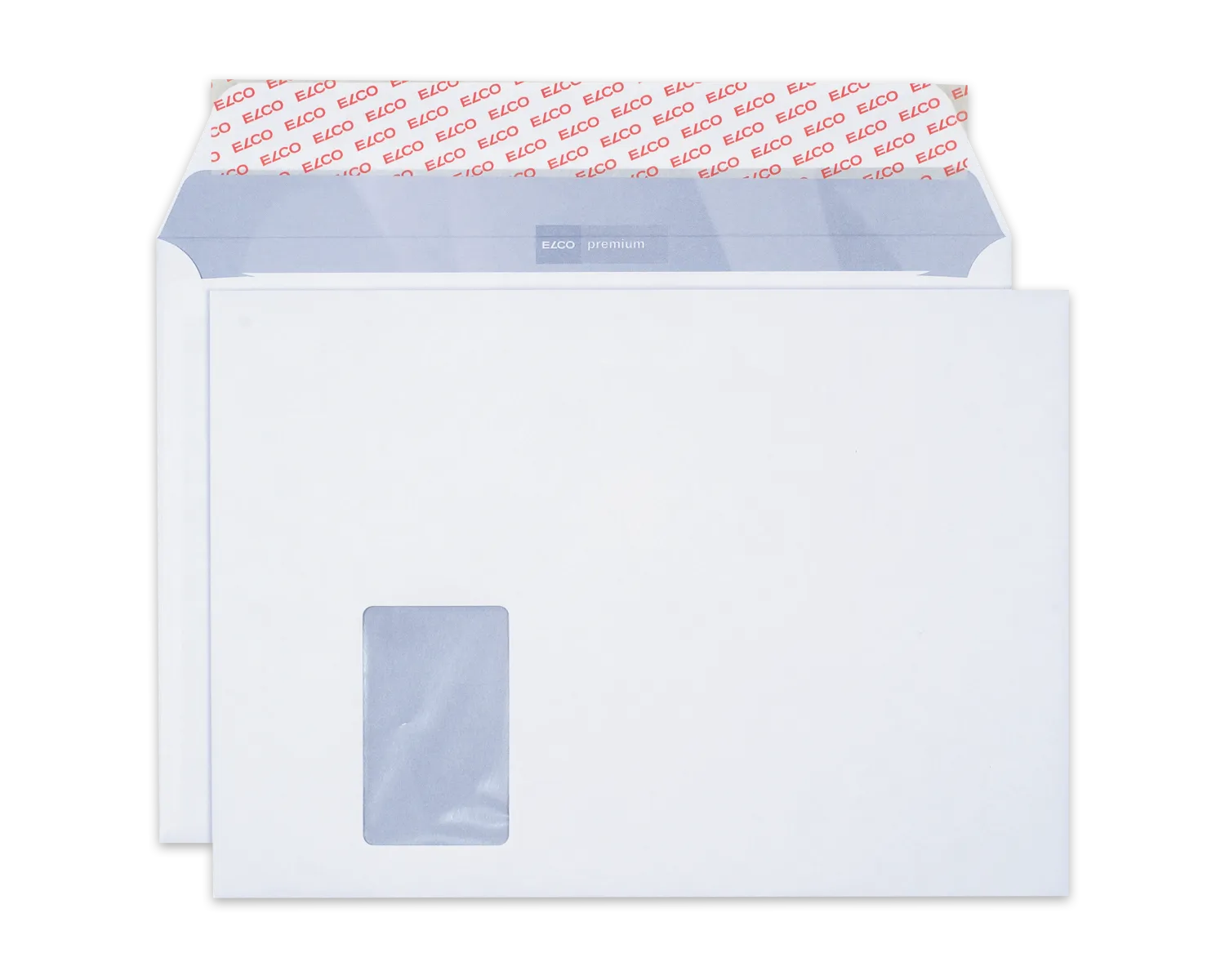 Couvert, ELCO Premium, C4, Fenster Vorderseite links, Haftklebeverschluss, 100g/m2, weiss