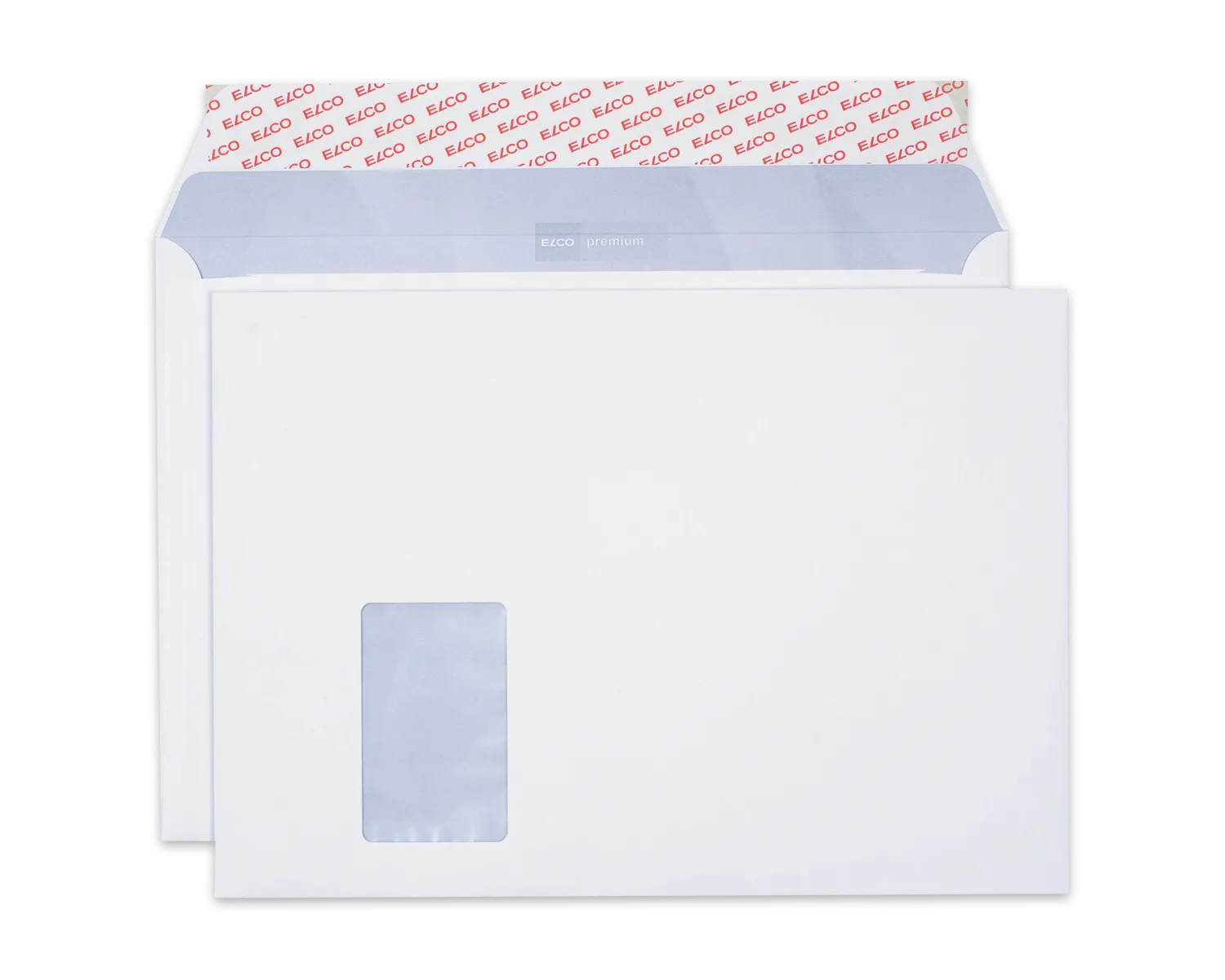 Couvert, ELCO Premium, C4, Fenster Vorderseite links, Haftklebeverschluss, 120g/m2, weiss