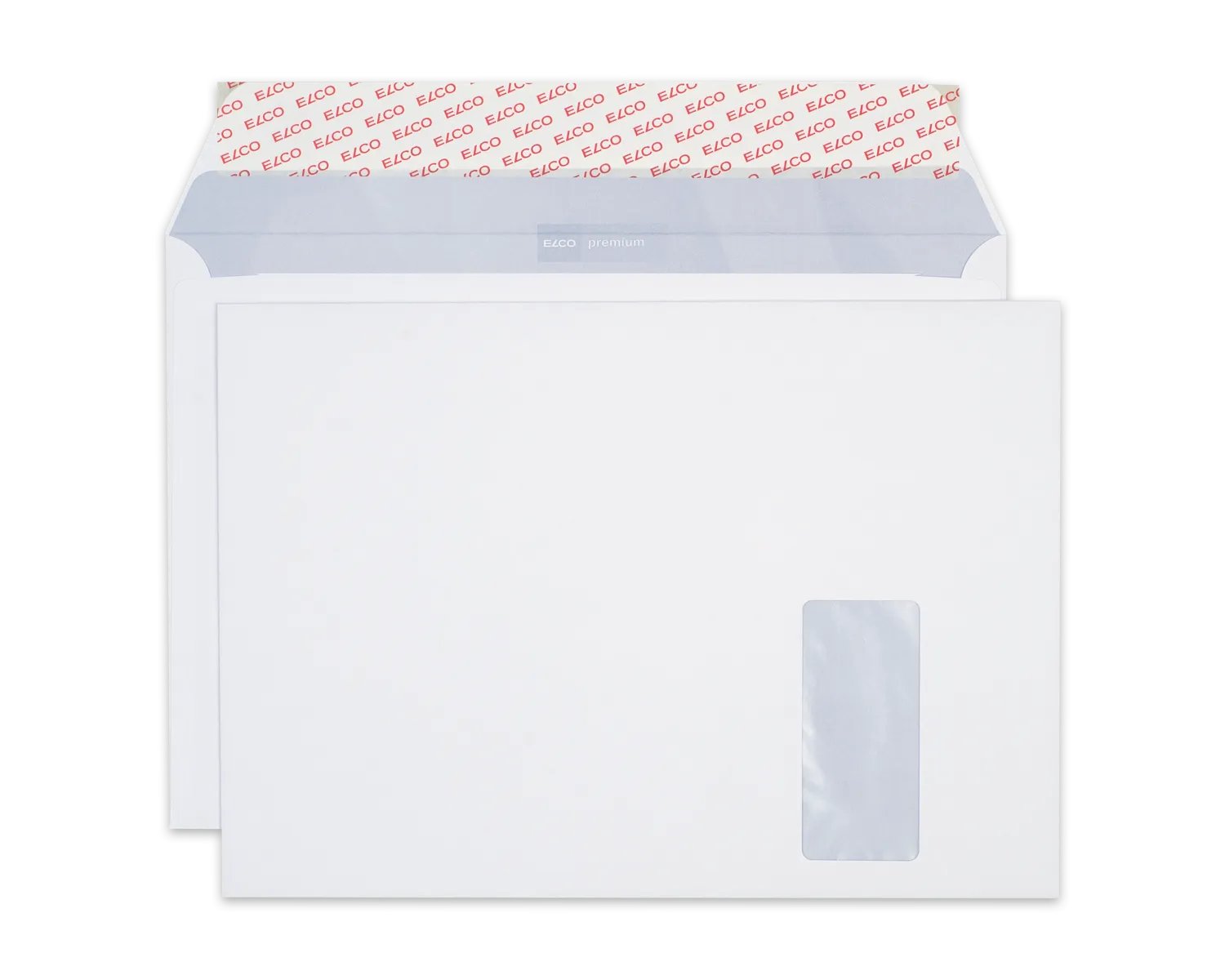 Couvert, ELCO Premium, C4, Fenster Vorderseite rechts, Haftklebeverschluss, 120g/m2, weiss