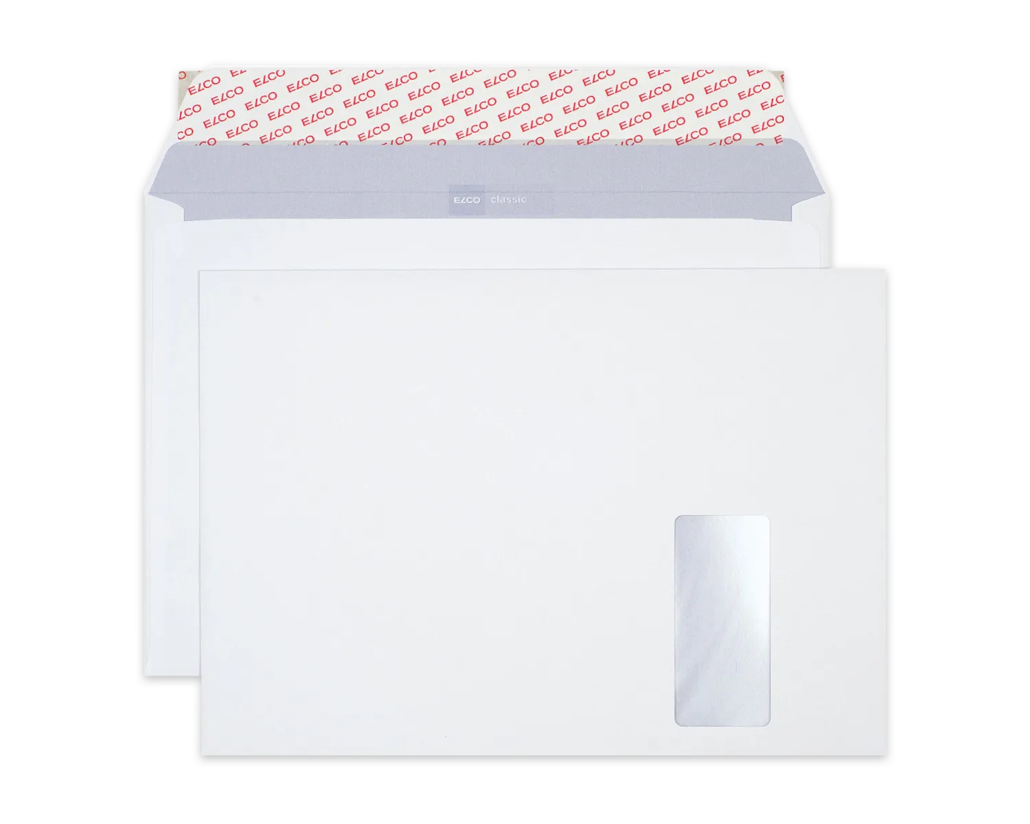 Couvert, ELCO Classic, C4, Fenster Vorderseite rechts, Haftklebeverschluss, 120g/m2, weiss