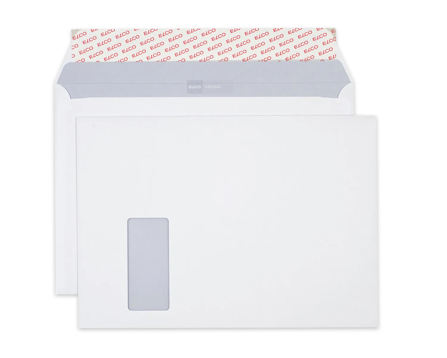 Couvert, ELCO Classic, C4, Fenster Vorderseite links, Haftklebeverschluss, 120g/m2, weiss