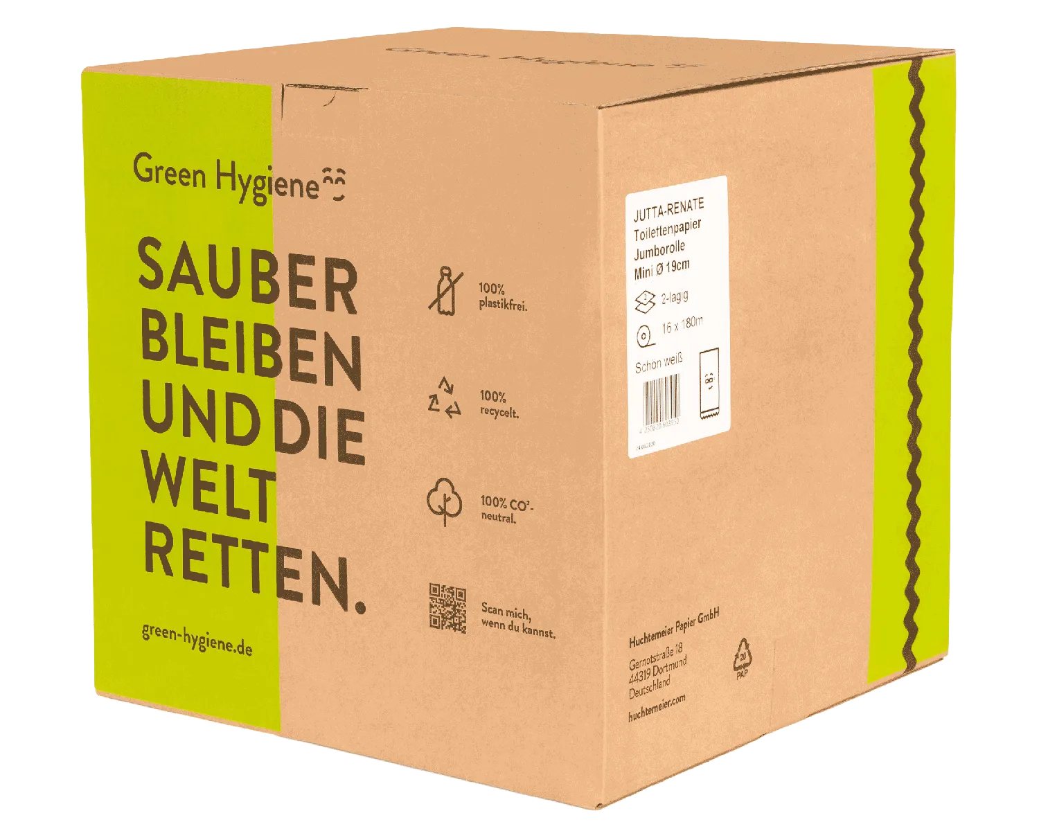 Toilettenpapier Jutta-Renate, 2-lagig, 180m (Blatt 9x22cm, H&uuml;lse 6cm,  Rolle 19cm) - 16 Rollen