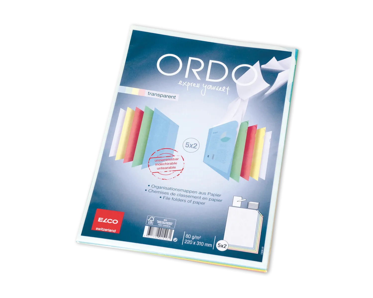 Chemise de classement, ELCO Ordo Transparent, 220 x 310 mm, 80g/m2, assorti