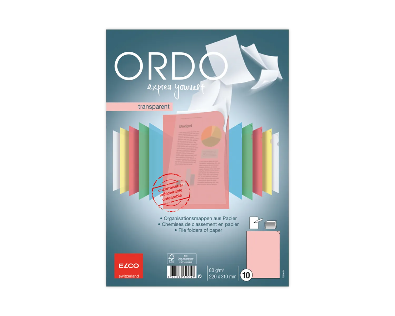 Chemise de classement, ELCO Ordo Transparent, 220 x 310 mm, 80g/m2, rouge