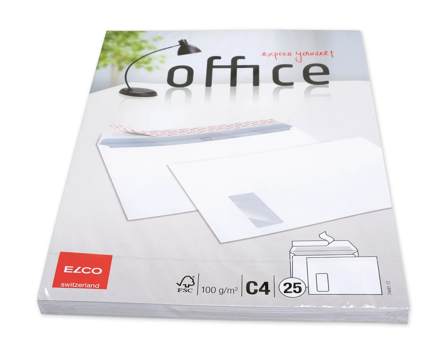 Couvert, ELCO Office, C4, Fenster Vorderseite links, Haftklebeverschluss, 100g/m2, weiss
