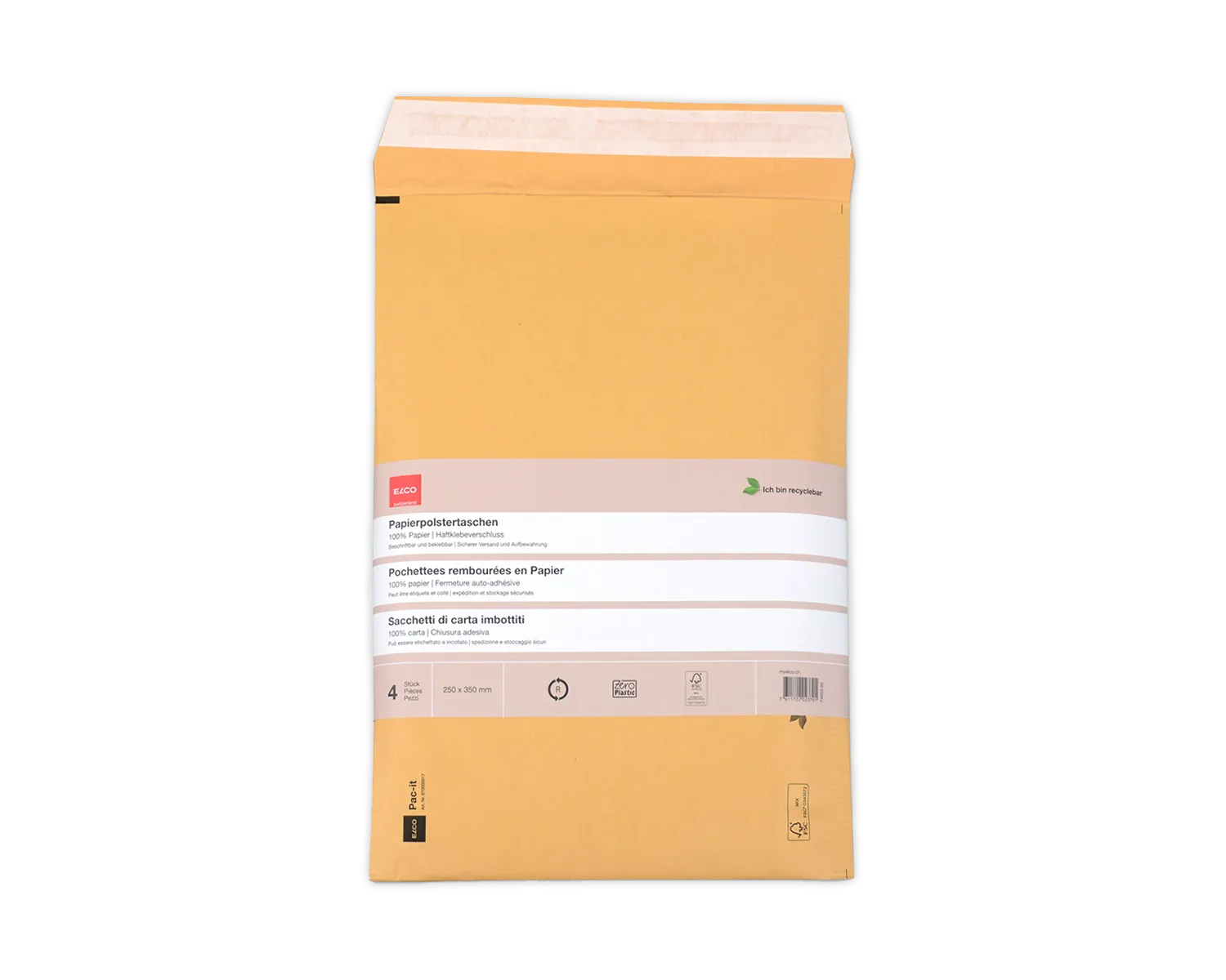 Pochette en papier rembourr&eacute;e, ELCO, 250 x 350 mm, Fermeture auto-adh&eacute;sive, 100g/m2, brun