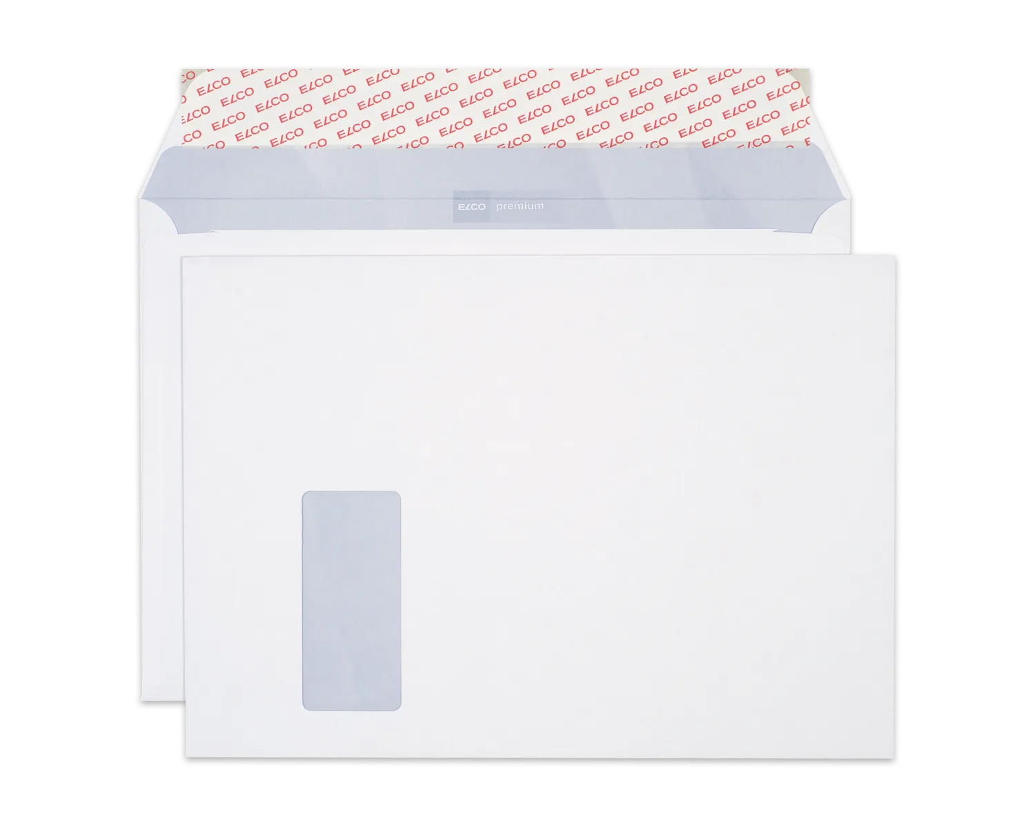 Couvert, ELCO Premium, C4, Fenster Vorderseite links, Haftklebeverschluss, 120g/m2, weiss