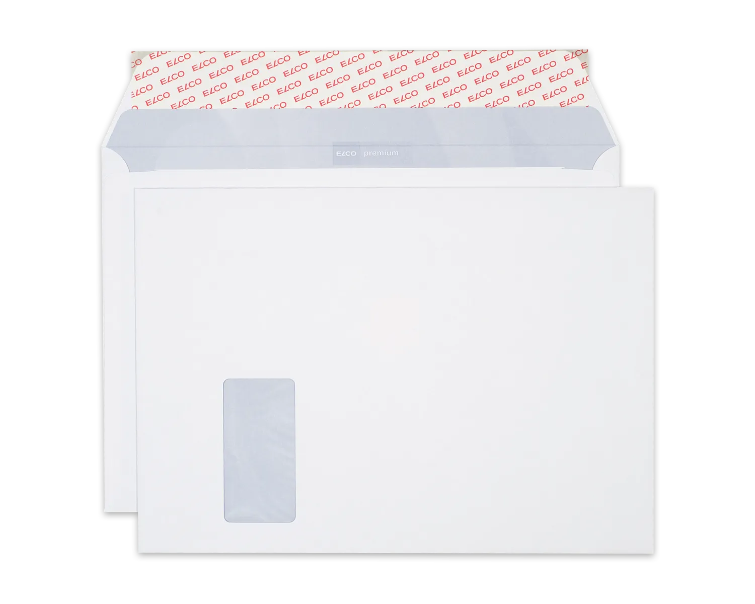 Couvert, ELCO Premium, C4, Fenster Vorderseite links, Haftklebeverschluss, 120g/m2, weiss