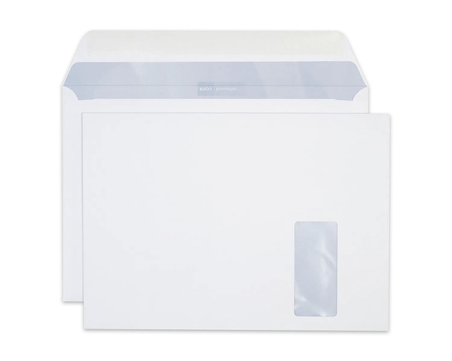 Couvert, ELCO Premium, C4, Fenster Vorderseite rechts, Nassklebeverschluss, 120g/m2, weiss
